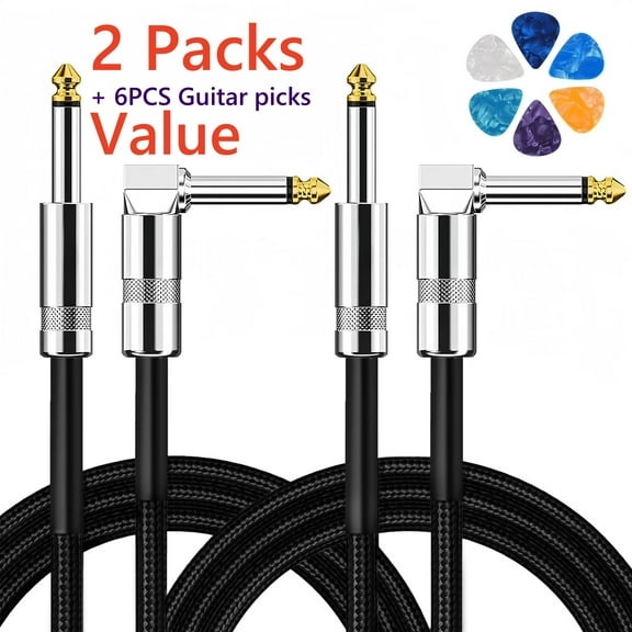 2-Pack Guitar Cable, Guitar Cord 10ft, AMP Cord for Bass & Electric Guitars/Keyboard/Mandolin, Pro Audio Instrument Cable (Right Angle to Straight, Black)