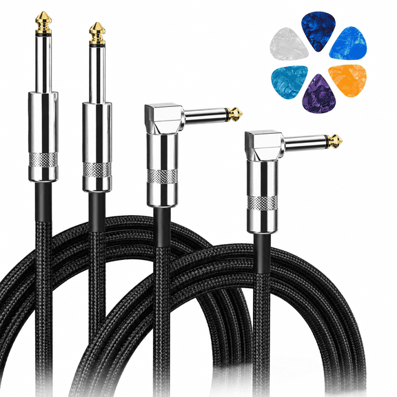 2-Pack Guitar Cable,Guitar Cord 10ft,AMP Cord for Bass & Electric Guitars/Keyboard/Mandolin,Pro Audio Instrument Cable (Right Angle to Straight,Black)