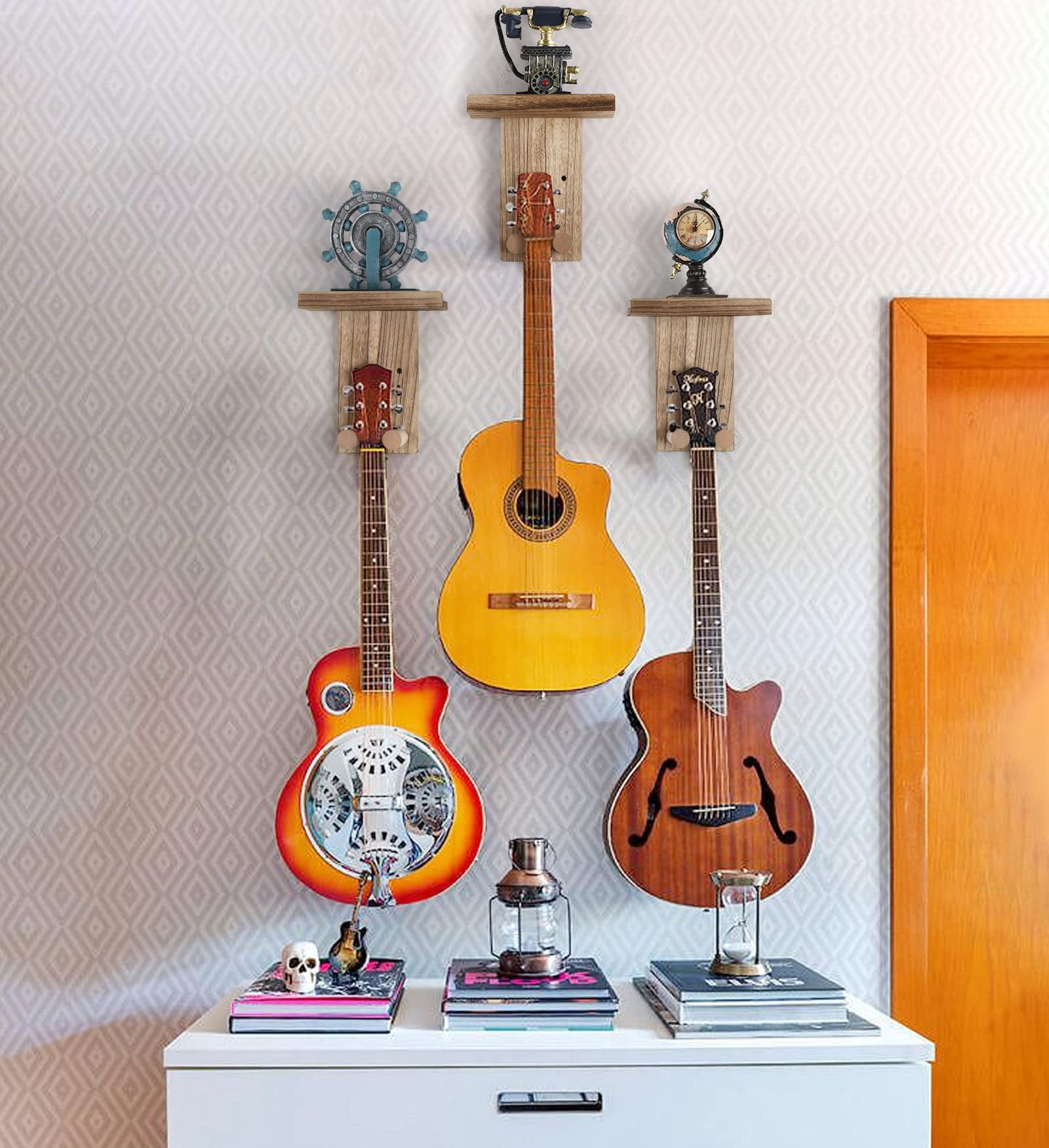 2 Pack Guitar Hanger Wall Shelf With Pick Holder Wood Rack For Acoustic  Electric Ukulele Bass Mandolin - Brown (patented)
