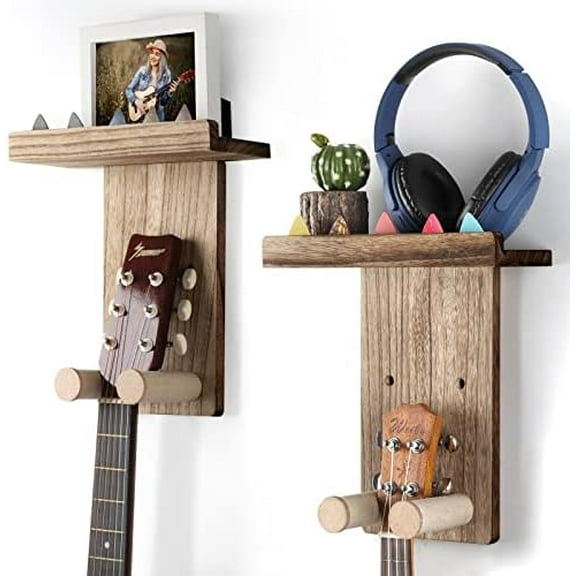 2 Pack Guitar Hanger Wall Shelf with Pick Holder Wood Rack for Acoustic, Electric, Ukulele, Bass, Mandolin - Brown (Patented)