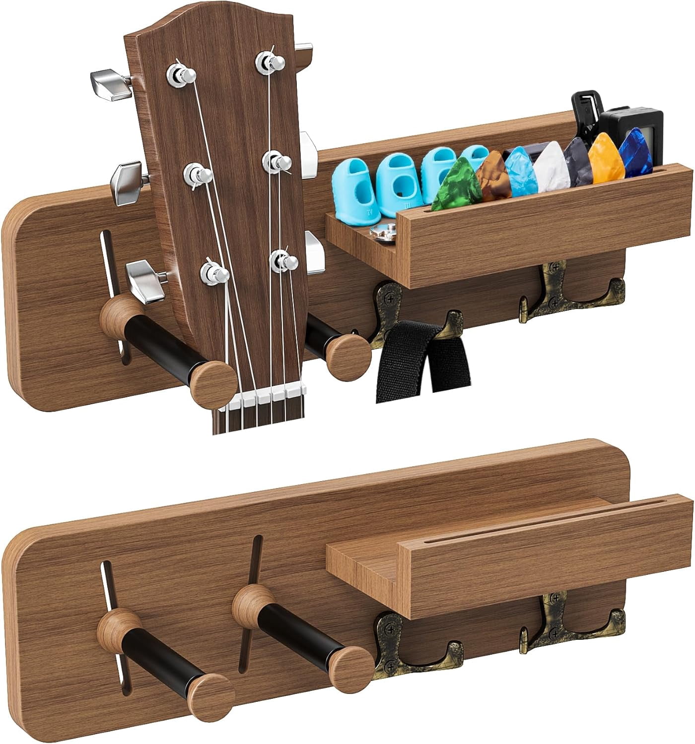2-Pack Guitar Wall Mount, Adjustable Guitar Hanger Wall Mount with Pick Holder and 2 Hooks Wood Guitar Wall Hangers, Guitar Holder for Acoustic, Electric, Bass, Ukulele(Brown 2PCS)