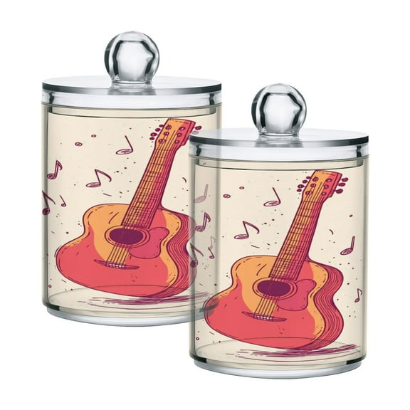 2 Pack Guitar and Notes Qtip Holder Dispenser Clear Plastic Storage Apothecary Jars for Cotton Swabs Balls Pads Floss