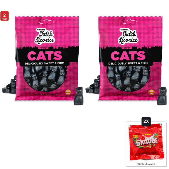 2 Pack | Gustafs Dutch Licorice Cats, 1 Bag, 5.2 oz, with 2 Skittles Fun Size