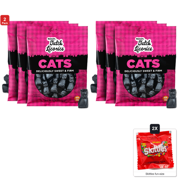 2 Pack | Gustafs Dutch Licorice Cats, 3 Bags x 5.2 oz, with 2 Skittles Fun Size