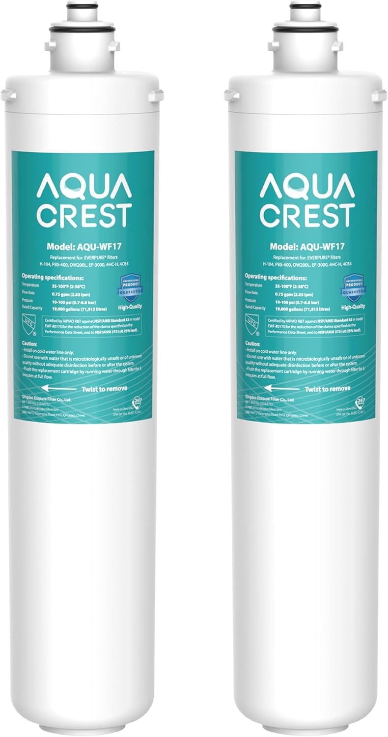 AQUA CREST H-104 Under Sink Water Filter, Replacement for Everpure H-104, EV961211, EF-3000, PBS-400, OW200L, 6TO-BW, MR-100, MR-225, EV9262-71, EF9857-00, 19000 Gallons, 2 Pack