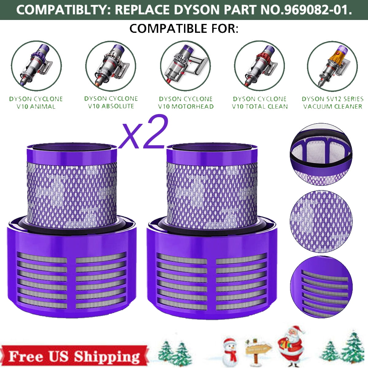 2-Pack HEPA Replacement V10 Filter for Dyson V10 SV12 Part No. 969082-01