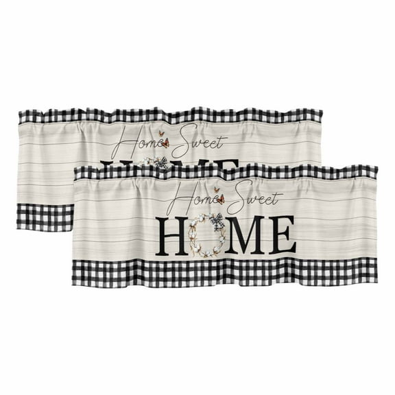 2 Pack HOME Valance for Window Farmhouse Cotton Butterfly Black Plaid Wood Grain Kitchen Valance Rod Pocket Short Curtain Topper Decorative Window Treatment for Living Room Bedroom 42"x12"