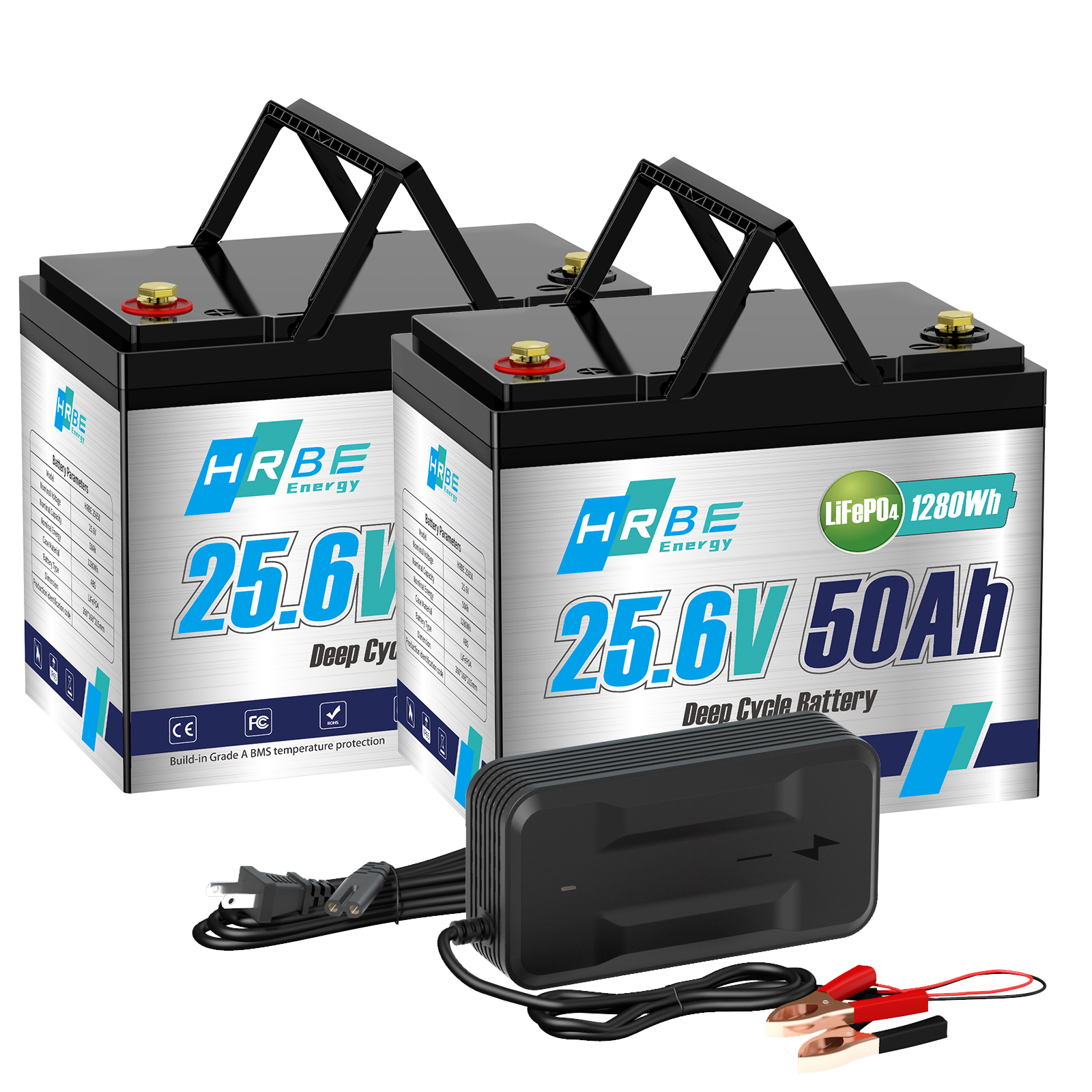 2 Pack HRBEENERGY 24V 50Ah LiFePO4 Battery, Group 24 Deep Cycle Lithium Ion Battery for RV Solar Marine Boat Trolling Motor, 50A BMS Golf Cart Batteries