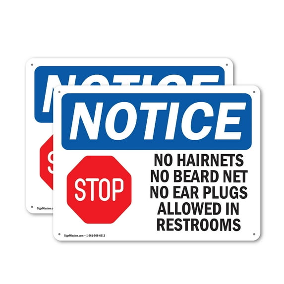 (2 Pack) No Hairnets No Beard Nets No OSHA Notice Sign 14 Inch X 10 Inch Indoor / Outdoor Rust-Free Aluminum Metal Signs for Workplace, Workshop, and Construction Site, Made in the USA