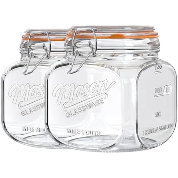 2 Pack Half Gallon Mason Jar with Hinged Lid, Wide Mouth Glass Canisters for Food Storage, Cookie, Flour, Candy, Coffee, Pickle - 64 Oz Glass Jar with Lid - 2 Scale Marks & Vintage Mason Jars