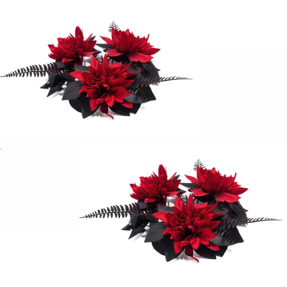 2-Pack Halloween Burgundy Rose Candle Ring Wreaths - Artificial Floral Pillar Candle Holders with Black Leaves and Berries for Table Centerpiece Party Decoration