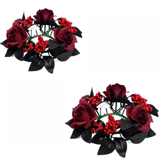 2-Pack Halloween Burgundy Rose Candle Ring Wreaths - Artificial Floral Pillar Candle Holders with Black Leaves and Berries for Table Centerpiece Party Decoration