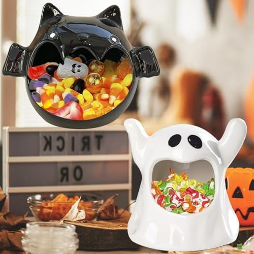 2 Pack Halloween Candy Bowls, 4 Inch Ceramic Ghost and 6.3 Inch Bat Holders, Trick or Treat Dish Candle Holder for Tiered Tray, Ornament Tableware Centerpieces, Gifts and Party Decorations