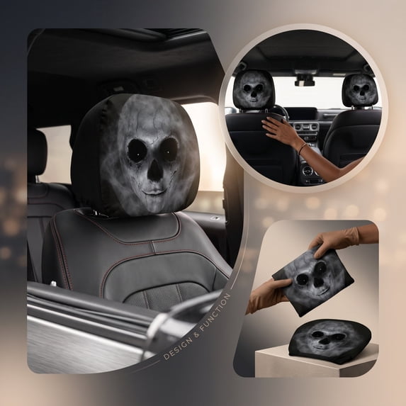 2 Pack Halloween Car Headrest Covers, Spooky Face Print Ghost Seat Head Rest Protector, Washable Breathable Polyester Halloween Vehicle Interior Decor C