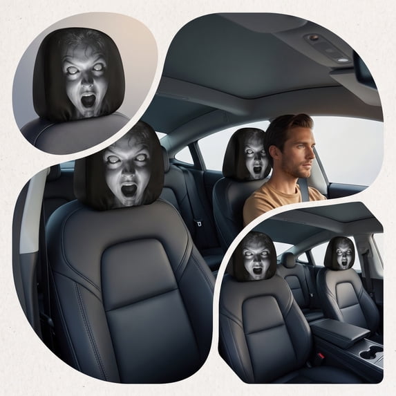 2 Pack Halloween Car Headrest Covers, Spooky Face Print Ghost Seat Head Rest Protector, Washable Breathable Polyester Halloween Vehicle Interior Decor E
