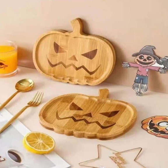 2 Pack Halloween Cookie Plate, Halloween Wooden Pumpkin Ghost Tray Plate