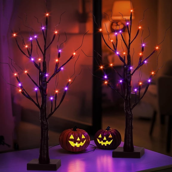 2-Pack Halloween Decor: 2FT Pre-lit Black Halloween Trees with 48 Orange & Purple LEDs, Battery Operated with Timer Function, Perfect for Spooky Tabletop Displays, Home Parties & Indoor Decorations.