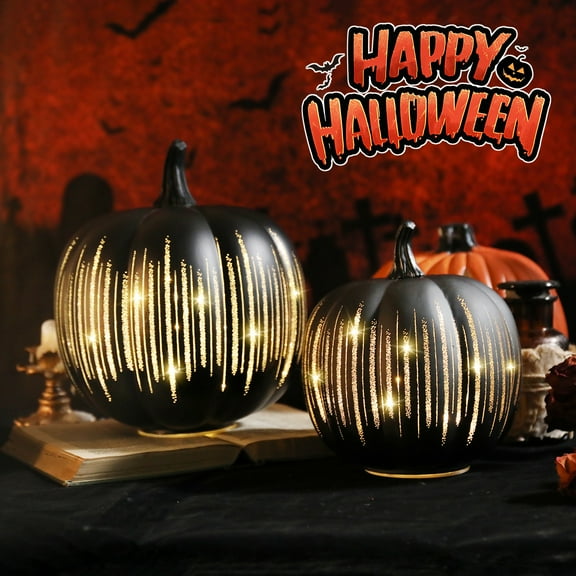 2 Pack Halloween Decor,Lighted Black Glitter Pumpkin Decor with Warm LED Lights - Ideal for Halloween Indoor Ambiance, Festive Tabletop & Mantel Decoration