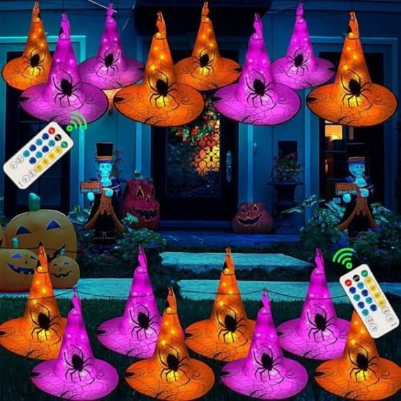 2 Pack Halloween Decorations, 8Pcs Each Lighted Hanging Witch Hats, Remote Control with 8 Modes Light Up 14 FT Halloween String Lights, for Indoor Outdoor Yard, Lawn, Graveyard Scenes Party