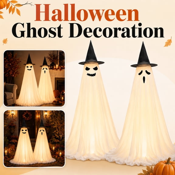 2-Pack Halloween Decorations Outdoor, 59" Hanging Ghost with Witch Hat Bow Cute Tulle Ghost Ornaments, Halloween Spooky Decor for Front Porch Yard Indoor Outdoor Party Decor