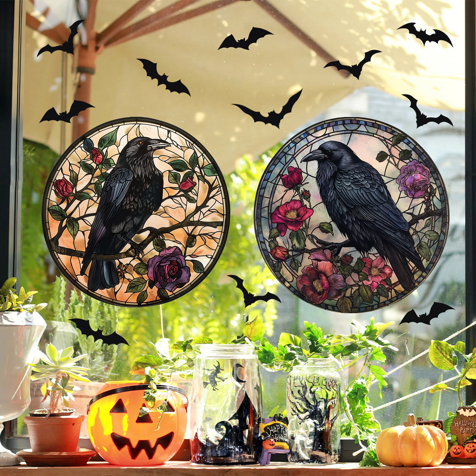 Halloween Black shops Purple Haunted House Multicolor Lights and Witch with Black Crow