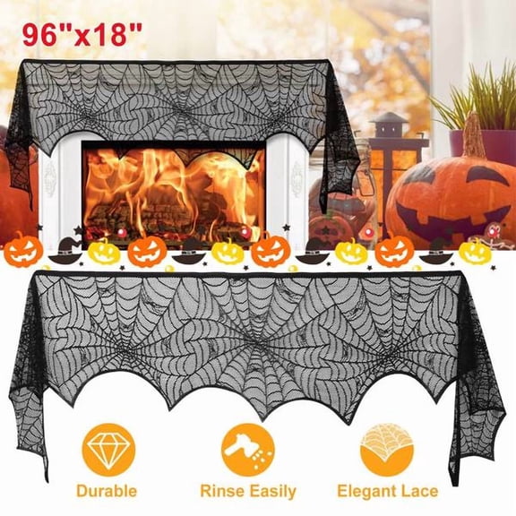2-Pack Halloween Fireplace Mantle Scarf, Black Lace with Spider Web Design, for Haunted House, Mantel, Window, Party Decor