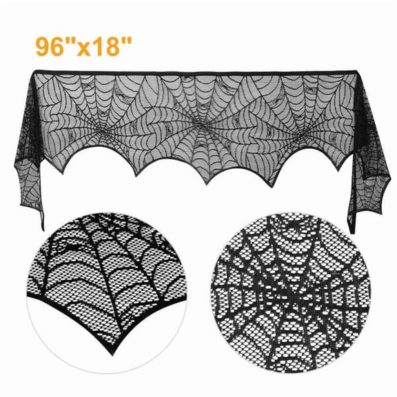 2-Pack Halloween Fireplace Mantle Scarf, Black Lace with Spider Web Design, for Haunted House, Mantel, Window, Party Decor