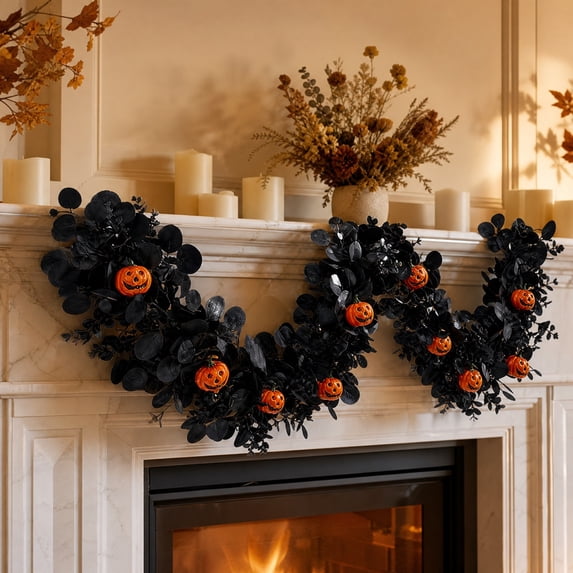 2 Pack Halloween Garland, 5.75 FT Black Maple Leaves with Pumpkins and Berries, Fall Decor for Fireplace Mantel, Staircase and Party