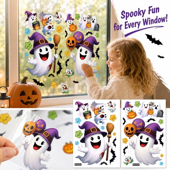 2 Pack, Halloween Ghost Decorations 12 Inch Halloween Window Clings Cute Ghost Decor Bat Decor for Halloween Home Indoor Party Decor, Halloween Window