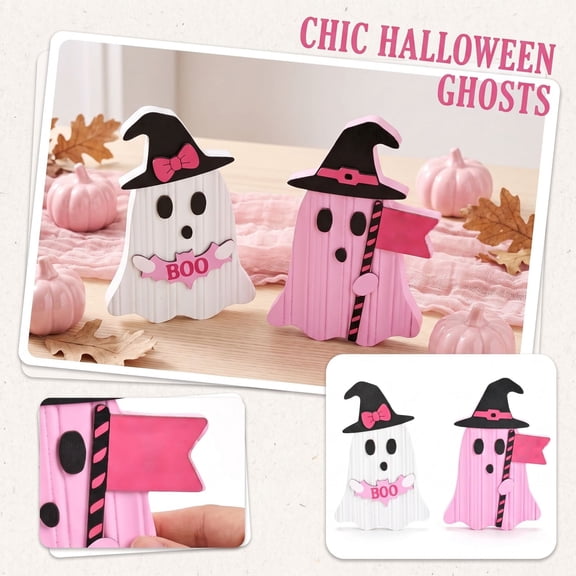 2 Pack, Halloween Ghost Decorations 5.5 Inch Cute Pink Ghost Decor Witch Halloween Decor for Home Halloween Tiered Tray Decor Spooky Party Desktop Display