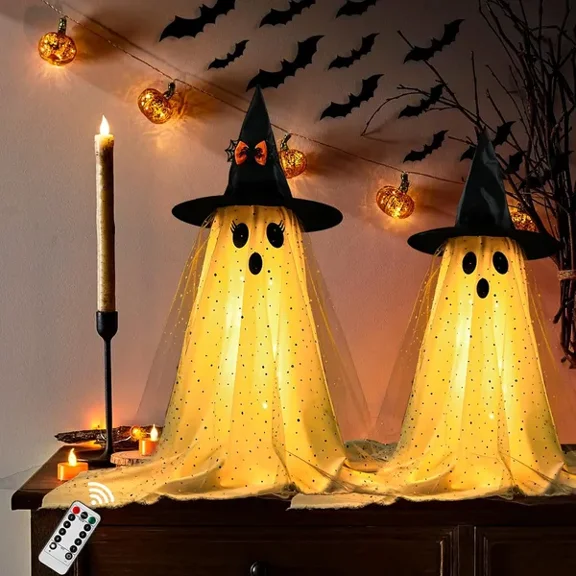 2 Pack Halloween Ghost Decorations with Remote Control String Lights, Lighted Ghost Yard Decor for Indoor Outdoor Porch, Lawn, Garden & Party