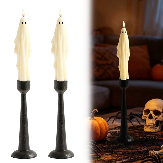 2 Pack Halloween Ghost Flameless Taper Candles, 3D Wick White Real Wax LED Taper Candles Halloween Dinner Decoration Indoor(9.5In)