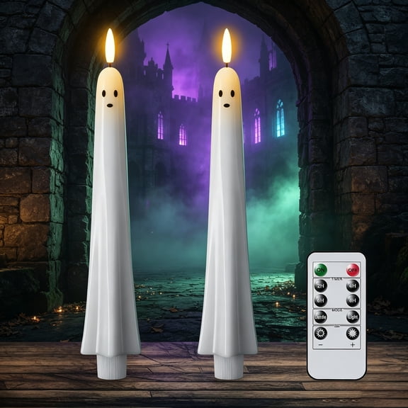 2 Pack Halloween Ghost Flameless Taper Candles Flickering Battery Operated with Remote and Timer 3D Wick White LED Taper Candles Halloween Dinner Decoration Indoor