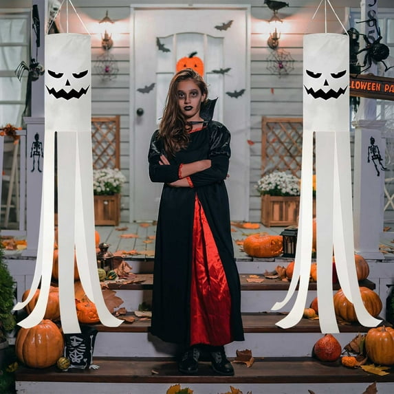 2 Pack Halloween Ghost Windsock, Halloween Ghost Flag Hanging Decorations, Wind Sock for outside, 40 Inch Flying Ghost Halloween Windsocks Outdoor for Yard Patio Garden Tree