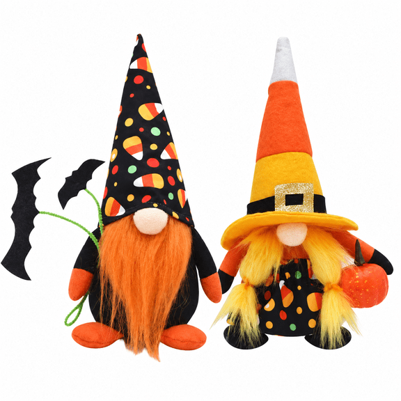 2-Pack Halloween Gnome Decorations, Witch and Bat Plush Tabletop Gnomes with Candy Corn Hats and Pumpkin, Fall Home Décor