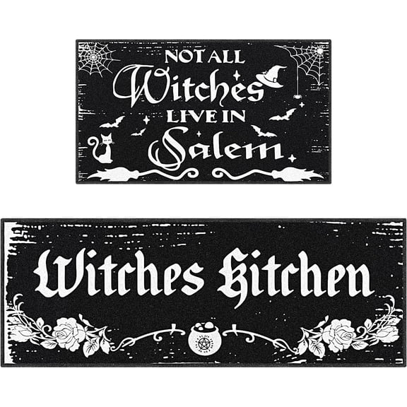 2 Pack Halloween Kitchen Rugs and Mats Anti Fatigue Witch Kitchen Floor Mats Farmhouse Gothic Home Decor Non Slip Witchy Bathroom Mat Gothic Halloween Decorations for Door Home Floor Decor