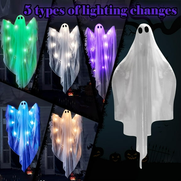 2 Pack Halloween LED Light Up Ghost Decorations, Hanging Scary Phantom Props with Glowing Effects for Outdoor Indoor Halloween Party Decoration (2 Count, 120cm)