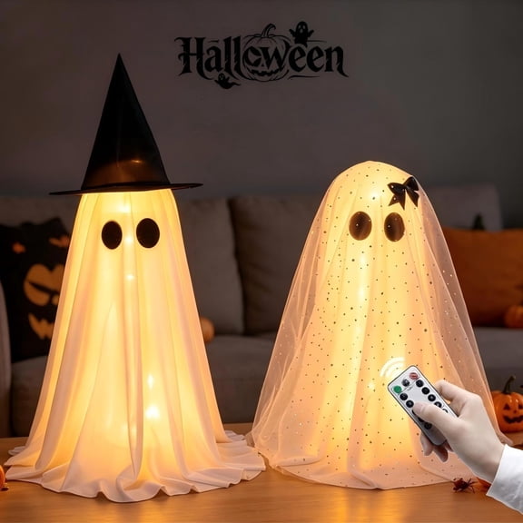 2 Pack Halloween Light Up Standing Ghost Decorations, Pre-Lit LED Ghost Couple with Witch Hat & Bow, Spooky Halloween Yard, Porch, Window, Indoor Outdoor Decor