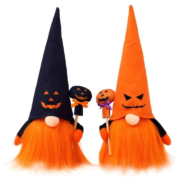 2 Pack Halloween Light-Up Gnome Decorations, LED Glowing Faceless Doll Gnomes with Witch Hat and Pumpkin, Spooky Halloween Decor for Home, Tabletop, Mantel, Outdoor Porch, Halloween Party Prop