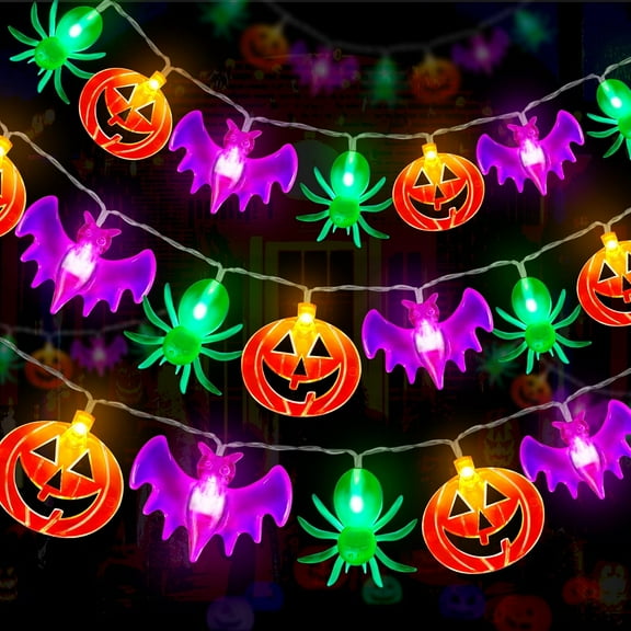 2 Pack Halloween Lights Outdoor Indoor Decorations Total 40FT 60 LED Pumpkin Bat Spider Halloween String Lights Battery Operated, 8 Modes Waterproof Cute Fairy Lights for Home Office Outside Decor