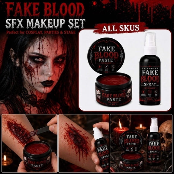 2 Pack, Halloween Makeup Kit Fake Blood Paste and Fake Blood, Sfx Makeup for Zombie Vampire Horror Party Stage Makeup, Makeup Set for Themed Events, 1.5 Ounce