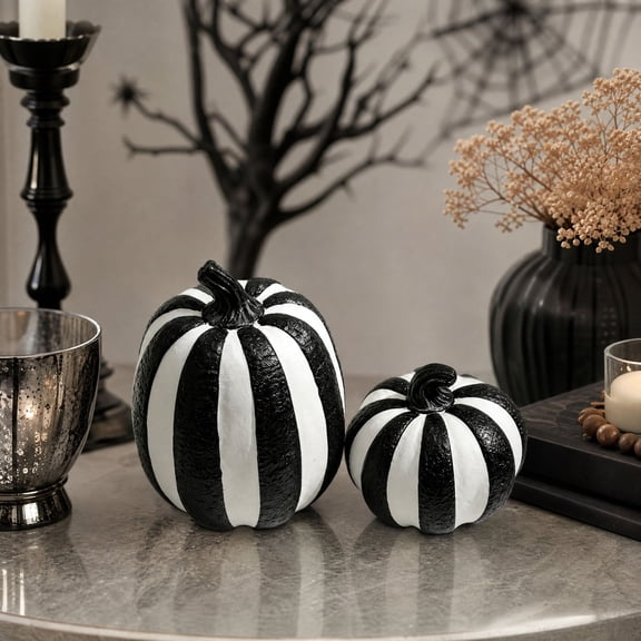2 Pack Halloween Pumpkin Decorations,Black and White Stripe Resin Figurines for Farmhouse Mantel Decor,Spooky Gothic Home Accents for Fall Party and Shelf Decorations,1