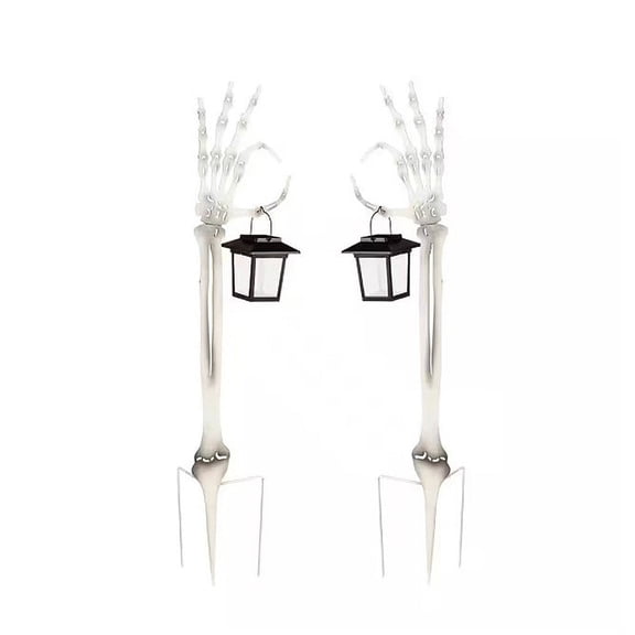 2 Pack Halloween Skeleton Arm Stakes with Lighted Lanterns, 17.7 Inch Outdoor Solar Skeleton Hand Pathway Lights, Waterproof Spooky Yard Decor for Lawn, Pathway, Graveyard & Halloween Party