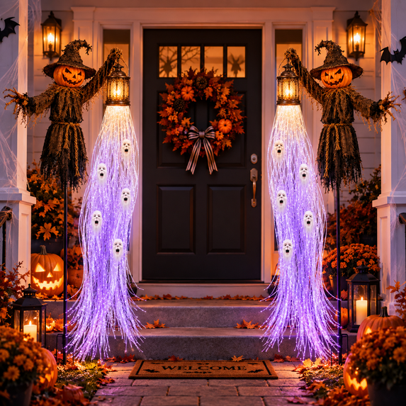 2 Pack Halloween Solar Pathway Lights Ghost Scarecrow Reaper Lantern Yard Stakes, Waterproof Flowing Ghost LED Light for Outdoor Grave Patio House Fall Decor