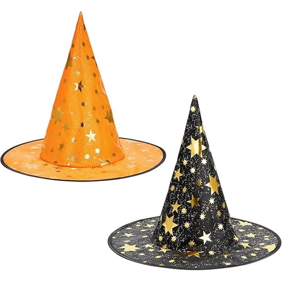 2 Pack Halloween Star Hat Pointed Hat Wide Brim Wizard Hat Witch Hat Magician Hat for Halloween Party Masquerade Balls (Black+Orange)