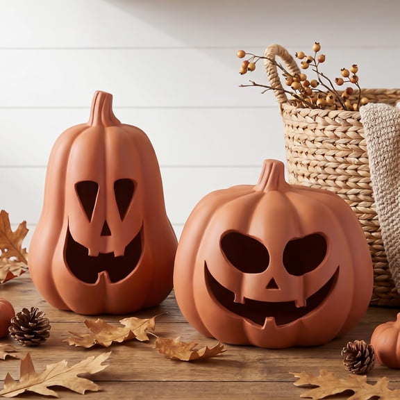 2-Pack Halloween Terracotta Pumpkin Decoration, Resin Handmade Clay Jack-O-Lantern Tealight Holder, Rustic Farmhouse Fall Tabletop Ornament Fall Decor Halloween Decoration, Dark Orange