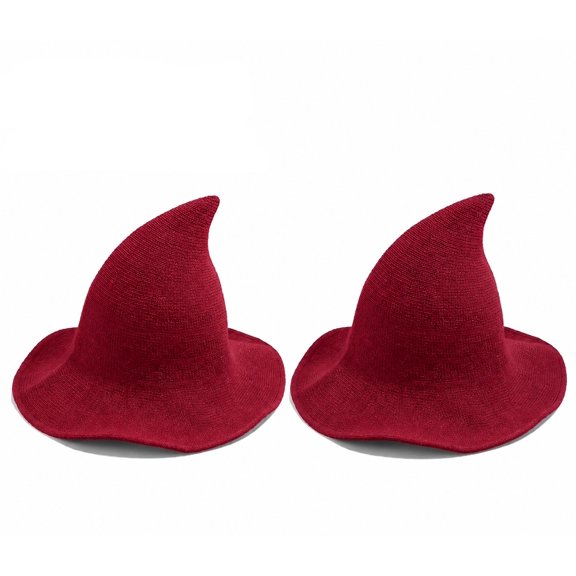 2 Pack Halloween Witch Hat, Wool Blend Knitted Wizard Hat with Wide Brim, Foldable Costume Accessory for Party Cosplay and Holiday Dress Up, Red