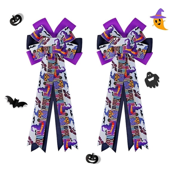 2 Pack Halloween Wreath Bow Large Halloween Bow Tree Topper Pumpkin Bat Ghost Patterns Gift Bows for Halloween Party Holiday Home Indoor Outdoor Basket Ornaments Decorating,13.8x6.3"