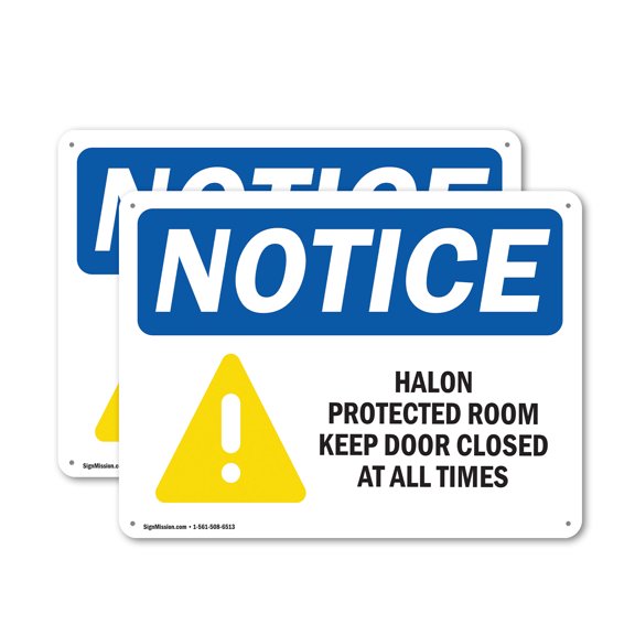 (2 Pack) Halon Protected Room Keep Door Closed OSHA Notice Sign 10 Inch X 7 Inch Indoor / Outdoor Rust-Free Aluminum Metal Signs for Workplace, Workshop, and Construction Site, Made in