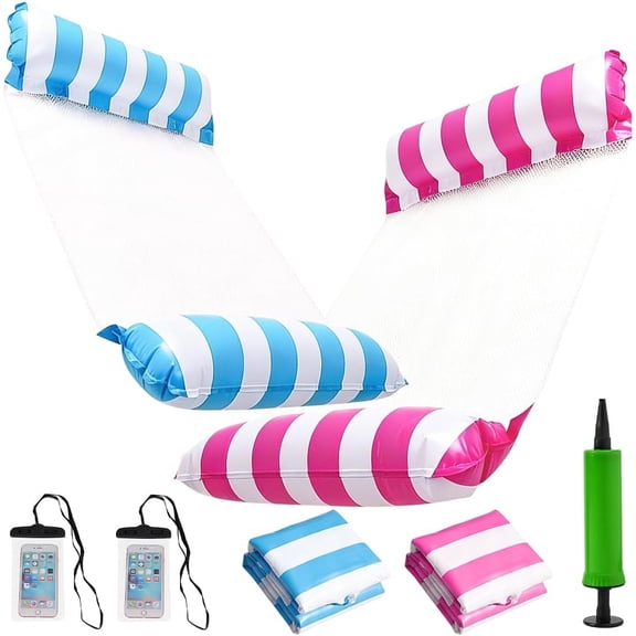 2-Pack Hammock Pool Floats for Adults  4-in-1 Inflatable Water Hammock Lounge Chair, Exercise Saddle & Drifter  PVC Floaties for Lake, Pool, Beach  200lb Capacity, Portable  Pink & Blue